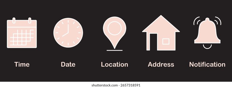 Iconos de fecha de hora de Dirección establecidos. Iconos de timbre de teléfono y notificación. Iconos de Locación y contacto. Icono de cronómetro. Icono Calendario de fecha. Colección simple de Ilustraciones vectoriales planas para el Web
