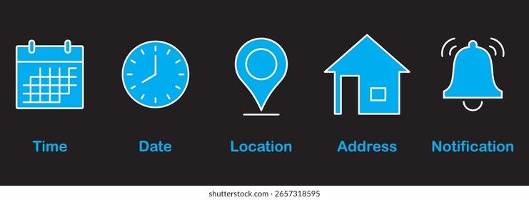Ícones de data e hora do endereço definidos. Ícones de telefone e campainha de notificação. Ícones de local e contato. Ícone de temporizador de cronômetro. Ícone Calendário de Data. Coleção de ilustrações simples de vetor plano para a Web