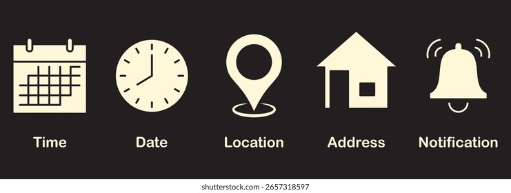 Die Symbole für das Adressdatum wurden festgelegt. Glockensymbole für Telefon und Benachrichtigung. Standort- und Kontaktsymbole Stoppuhr-Zeitgeber-Symbol. Symbol "Datumskalender". Einfache, flache Vektorgrafik-Kollektion für das Web