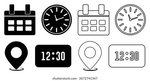 Iconos de fecha de hora de Dirección establecidos. Icono de ubicación de Dirección. Icono de cronómetro. Icono Calendario de fecha. Iconos de línea negra y web plana. Símbolo de hora, fecha, ubicación o lugar. eps 10