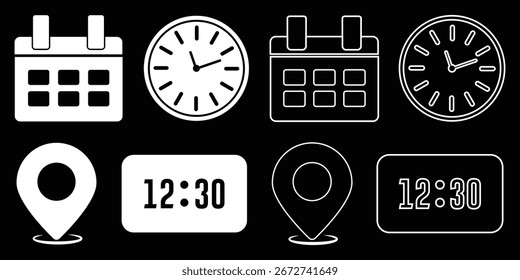 Address time date icons set. Address location icon. Stopwatch timer icon. Date Calendar icon. Black line and flat web icons. Time, date, location or place icons symbol. eps 10