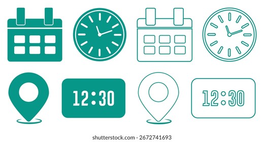 Ícones de data e hora do endereço definidos. Ícone de local de endereço. Ícone de temporizador de cronômetro. Ícone Calendário de Data. Linha preta e ícones simples da Web. Símbolo de ícones de hora, data, local ou local. eps 10