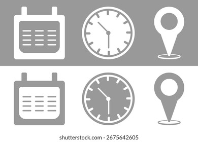 Address time date icons set. Address location icon. Clock icon. Calendar icon. Set of icons representing date time and location with  filled versions. 