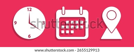 Address time date icons set. Address location icon. Stopwatch timer icon. Date Calendar icon. Icons for date, reminder, address, invitation, event, business. eps 10
