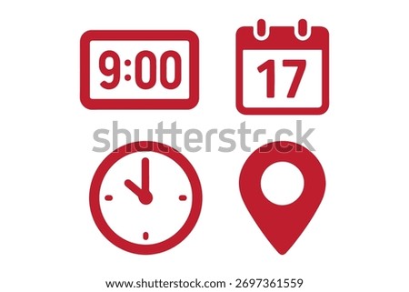 Address time date icons set. Address location icon. Clock icon. Calendar icon. Time, date and address icon set. Calendar, clock, location. Editable stroke. Vector illustration
