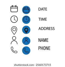 Address. time, date  and name icons set