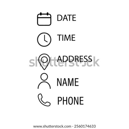 Address. time, date ,phone and name icons set