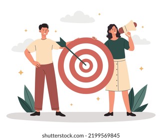 Addressable adbertising concept. Man and woman with loudspeaker next to target with arrow. Promotion on Internet and social media. Advertising of goods and services. Cartoon flat vector illustration