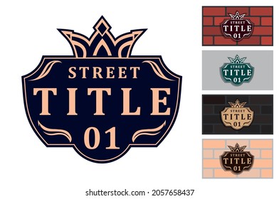 Addressable figured plaque with a crown and street number for residential and non-residential premises, houses, shops, cafes. Different colors pattern, isolated vector illustration