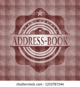 Address-book red seamless emblem or badge with abstract geometric polygonal pattern background.