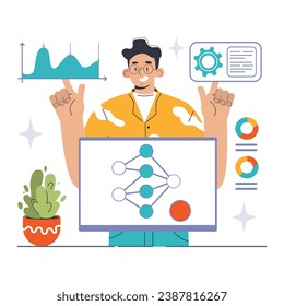 Abordar el concepto de sesgo de IA. Experto entusiasta ajusta el modelo de red neural, señalando el gráfico y los ajustes, asegurando la equidad de la máquina. Varianza de datos, control de configuración. Ilustración vectorial plana