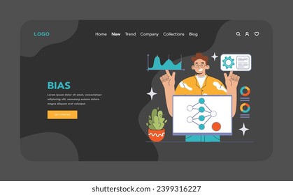 Abordar el concepto de sesgo de IA. Experto entusiasta ajusta el modelo de red neural, señalando el gráfico y los ajustes, asegurando la equidad de la máquina. Varianza de datos, control de configuración. Ilustración vectorial plana
