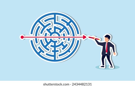 Addressing business challenges entails creativity, imagination, strategizing, and planning for success concept, businessman solve labyrinth or maze puzzle by straight line arrow.