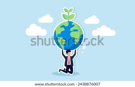 Addressing climate change and global warming is a shared responsibility. World leaders commit to preserving our planet as depicted by businessman in an Atlas pose carrying a green globe seedling plant