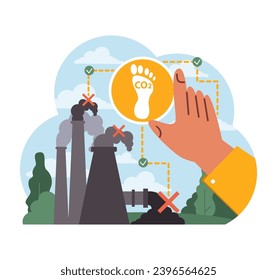 Addressing CO2 footprint. Hand selects carbon emission reduction options against industrial chimneys backdrop. Combatting pollution strategy. Flat vector illustration
