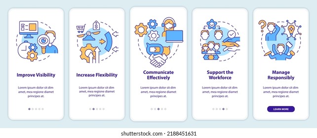 Addressing covid impact on logistics onboarding mobile app screen. Walkthrough 5 steps editable graphic instructions with linear concepts. UI, UX, GUI template. Myriad Pro-Bold, Regular fonts used