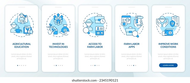 Addressing labor issues blue onboarding mobile app screen. Farm industry walkthrough 5 steps editable graphic instructions with linear concepts. UX, GUI template. Myriad Pro-Bold, Regular fonts used