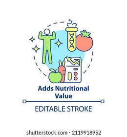 Adds nutritional value concept icon. Genetically modified food. Advantages of gmo abstract idea thin line illustration. Isolated outline drawing. Editable stroke. Arial, Myriad Pro-Bold fonts used