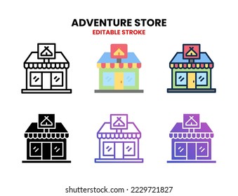 Icono de Addventure Shop conjunto línea vectorial, contorno, glifo, línea rellena, color plano, línea y gradiente plano. Actrazo editable y píxel perfecto. Se puede usar para productos digitales, presentación, interfaz de usuario y muchos más.