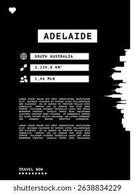 Adelaide, Australia vector infographics, brochure black and white layout. Guide, leaflet, flyer, graphic template with text, information, skyline contour. Page, festival, cover mock up image