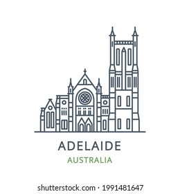 Adelaide City, Australia. Line Icon Of The Famous And Largest City In South Australia. Outline Icon For Web, Mobile, And Infographics. Landmark And Famous Building. Vector Illustration, White Isolated