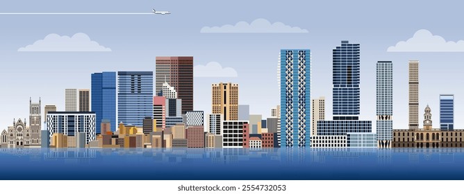 Adelaide city skyline on gradient beautiful day sky background. Vector illustration