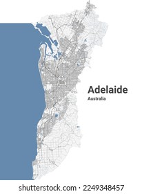 Adelaide map. Detailed map of Adelaide city administrative area. Cityscape panorama. Royalty free vector illustration. Outline map with highways, streets, rivers. Tourist decorative street map.