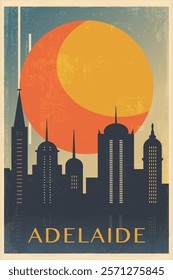 Adelaide retro city poster with abstract shapes of skyline, buildings. Australia vintage travel vector illustration, cityscape at sunrise, sunset