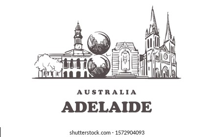 Adelaide sketch skyline. Australia, Adelaide hand drawn vector illustration. Isolated on white background. 