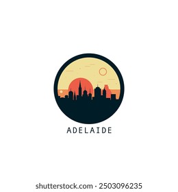 Adelaide skyline, downtown panorama logo, logotype. Australia city round badge contour, isolated vector vintage pictogram with monuments, landmarks