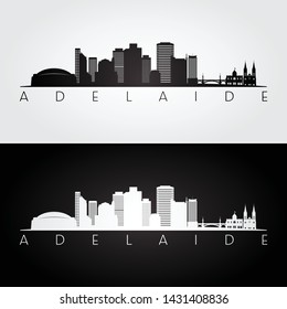 Adelaide skyline and landmarks silhouette, black and white design, vector illustration.