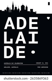 Adelaide typography minimalist vector poster for event, national day, festival, holiday layout. Brochure, leaflet, flyer, presentation monochrome image template with text for Australia city