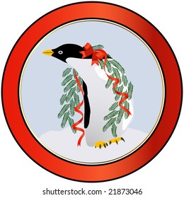 adelie penguin decked out for the holidays with evergreen boughs and a red ribbon