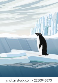 Adelie Penguin stands on a large ice floe.  Birds of the South Field. Realistic vertical vector landscape