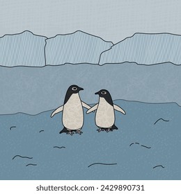 Adelie penguins near the ocean and icebergs. Vector cute cartoon hand drawn illustration of the animal in Antarctica. Polar outline texture childish illustration