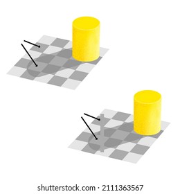 Adelson's optical illusion with shadows on checkerboard - both squares that are indicated by the arrows have the same colour. Vector design in yellow and grey