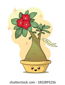 Adenium flower. Grows in a pot. Kawaii style