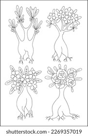 Adenium trees. Set of vector botanical decorative elements in black and white, contours and different forms of tropical leaves, silhouettes of leaves.