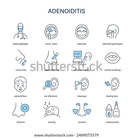 Adenoiditis symptoms, diagnostic and treatment vector icons. Medical icons.