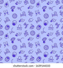 Adenovirus infection seamless pattern with thin line icons. Airborne disease, lymph nodes, fever, headache, runny nose, moist cough, surgical mask. Vector illustration of coronavirus symptoms