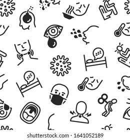 Adenovirus infection seamless pattern with thin line icons. Airborne disease, lymph nodes, fever, headache, moist cough, surgical mask, sore throat. Vector illustration of coronavirus symptoms