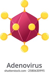Adenovirus particle showing fibers proteins extending from each penton base of its icosahedral capsid, a non enveloped virus causing respiratory infections, gastroenteritis, and conjunctivitis