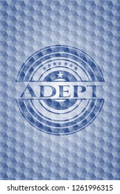 Adept blue emblem or badge with abstract geometric polygonal pattern background.