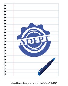 Adept emblem drawn with pen. Blue ink. Vector Illustration. Detailed.