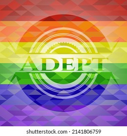 Emblema adecuado sobre fondo de mosaico con los colores de la bandera LGBT. 