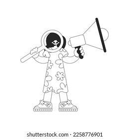 Adept HR specialist woman holding a megaphone and a magnifying glass in her hands. HR topic. Linear newspaper black and white style.