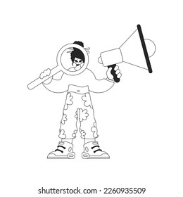 Adept HR specialist woman holding a megaphone and a magnifying glass in her hands. HR topic. Newspaper black and white style.