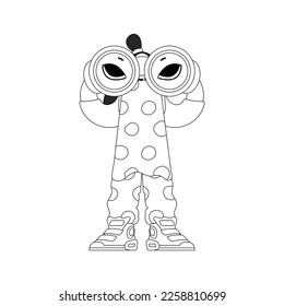 Adept HR specialist woman looking through binoculars. HR topic. Linear black and white style.