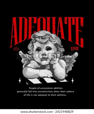 adequet slogan with boy angel statue hand drawn vector illustration on black background
