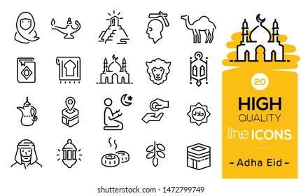 Adha eid icons set including eid items, sweet, lamp, muslim prayer, hajj process,
praying icons, eid sheep, mosque, traditions symbols and Arabian items.
